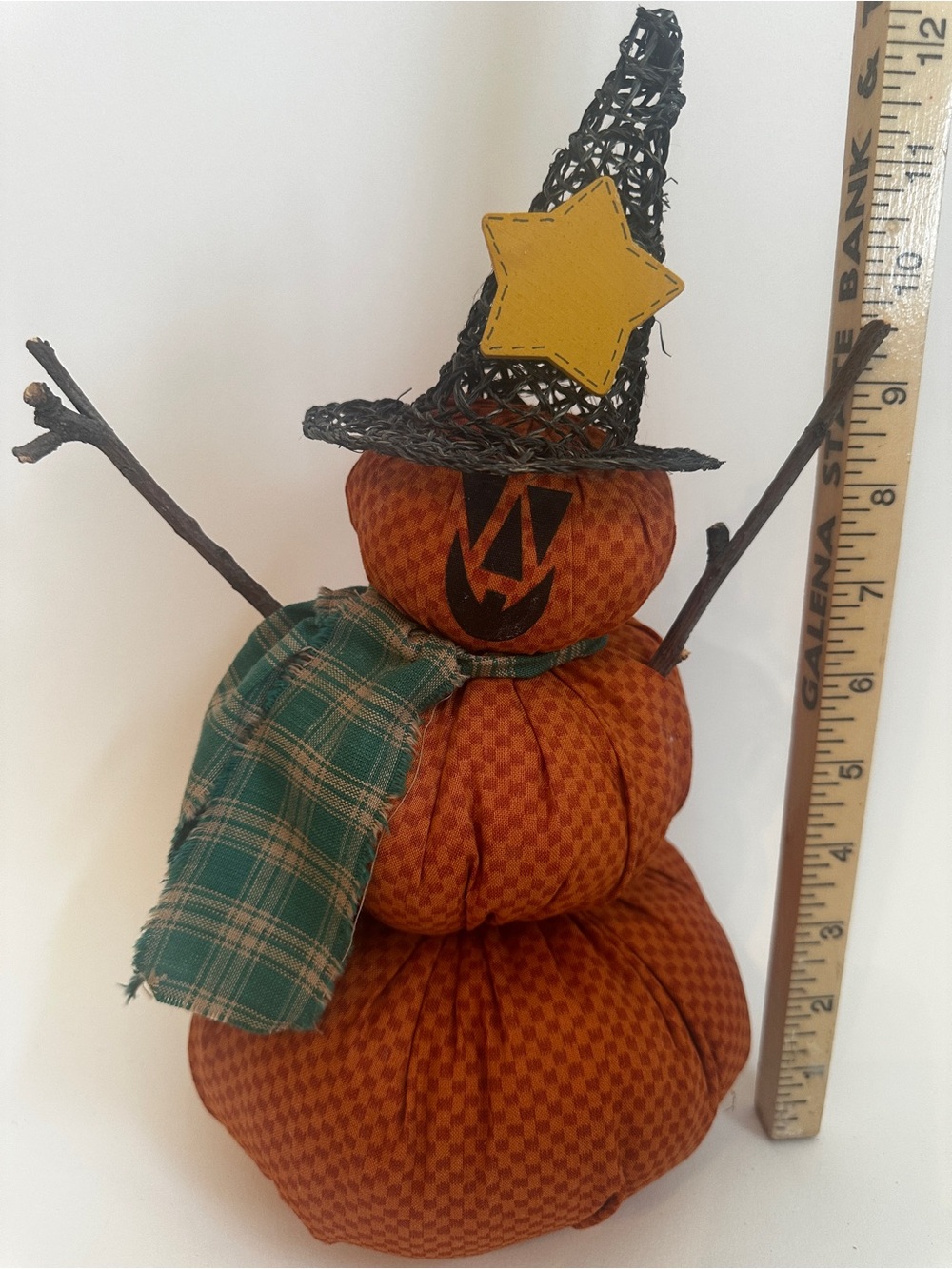 Orange Pumpkin Snowman with Green Plaid Scarf and Black Witch Hat